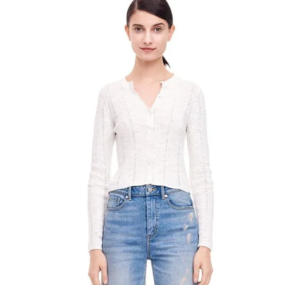 NWOT Rebecca Taylor Chevron Cardigan Large Cream Cotton Blend Sweater - Picture 1 of 7